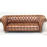 CHESTERFIELD SOFA, natural brass studded soft antique tan brown leather with deep buttoned arched