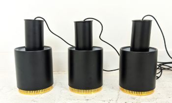 PENDANT LIGHTS, a set of three, 1970s Italian style, black painted metal with gilt detail 45.5cm