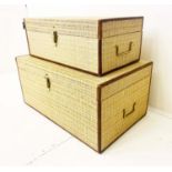 TRUNKS, a graduated set of two, thick woven upholstered finish, largest 65cm W x 31cm H (2)