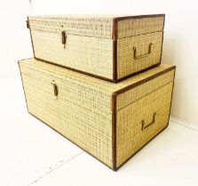 TRUNKS, a graduated set of two, thick woven upholstered finish, largest 65cm W x 31cm H (2)