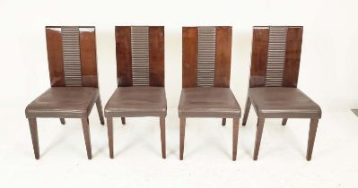 DINING CHAIRS, a set of eight, lacquered wood with ribbed leather seats, 89cm H x 48cm W x 52cm