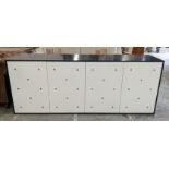 SIDEBOARD, 210cm x 50cm x 81cm approx, black lacquered with white lacquered doors, gilt metal stud