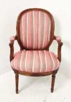 FAUTEUIL, Louis XVI elm, with red striped upholstery, 97cm H x 63cm W.