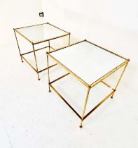 MAISON BAGUES STYLE SIDE TABLES, a pair, gilt metal with mirrored glass tops, 45cm H x 46cm W x 46cm