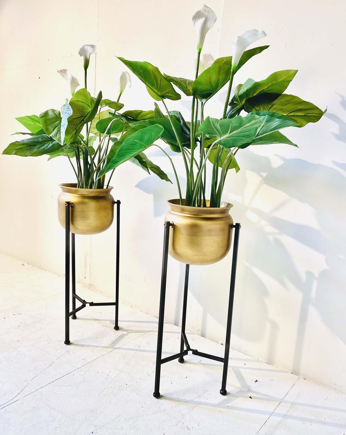 FAUX PEACE LILLIES, a pair, in gilt metal planters, 110cm H (2) - Image 4 of 5