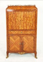 SIDE CABINET, late 19th/early 20th century French Kingwood and tulipwood with marble top above