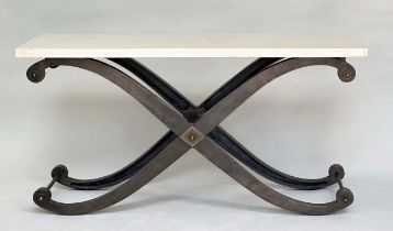 CONSOLE TABLE, rectangular travertine top raised on cast metal X frame support, 160cm x 51cm x