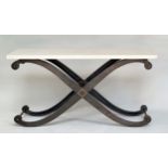 CONSOLE TABLE, rectangular travertine top raised on cast metal X frame support, 160cm x 51cm x