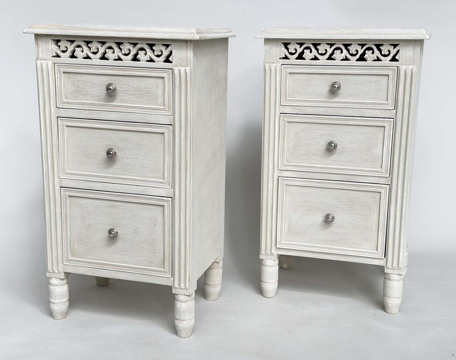 BEDSIDE CHESTS, a pair, French style grey painted each with three drawers and pierced frieze, 40cm x - Image 3 of 7