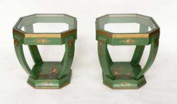 OCCASIONAL TABLES, a pair, Art Deco period green polychrome and gilt Chinoiserie decorated each