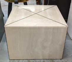 LOW TABLE, travertine with gilt metal inlay, on castors, 64.5cm x 64.5cm x 47cm.