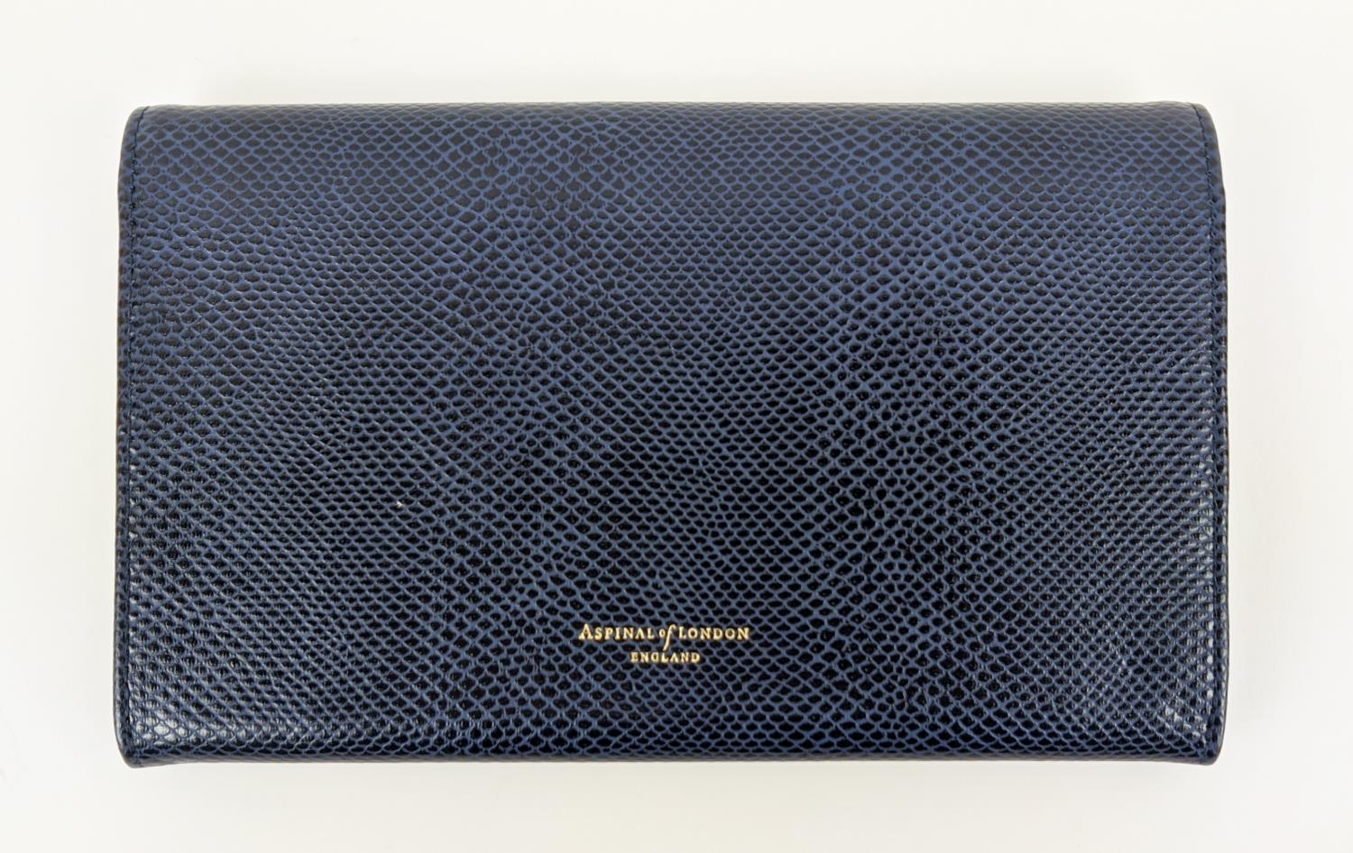 ASPINAL OF LONDON TRAVELLING WALLET, navy blue leather with contrasting suede and fabric lining, - Image 4 of 9