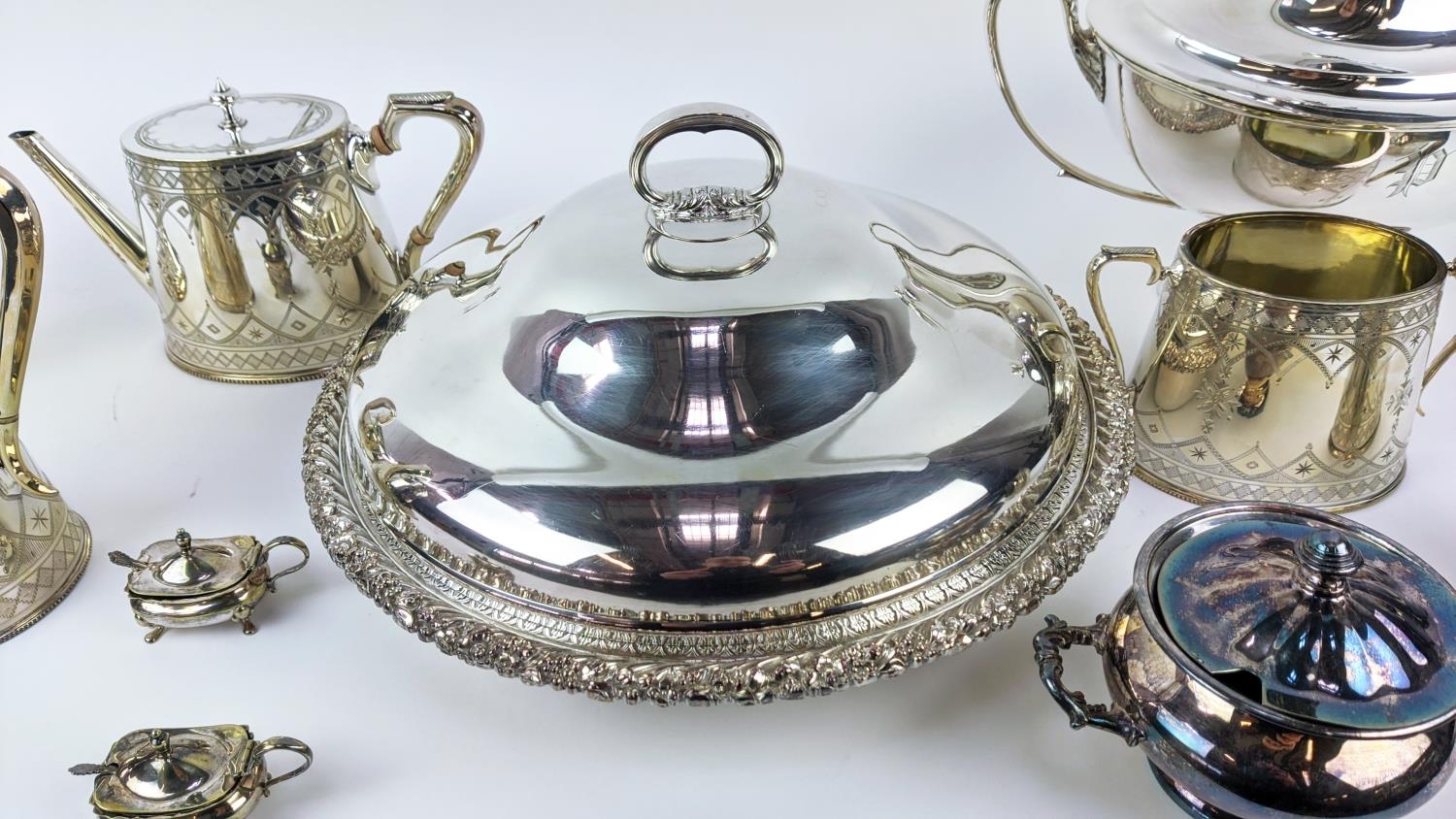 A COLLECTION OF SILVER PLATE, including Victorian tea and coffee service, entree dish, trays, twin - Image 8 of 39