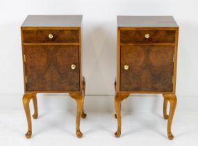 BEDSIDE CABINETS, a pair, Art Deco burr walnut, each with drawer and door, 73cm H x 39cm W x 36cm D.