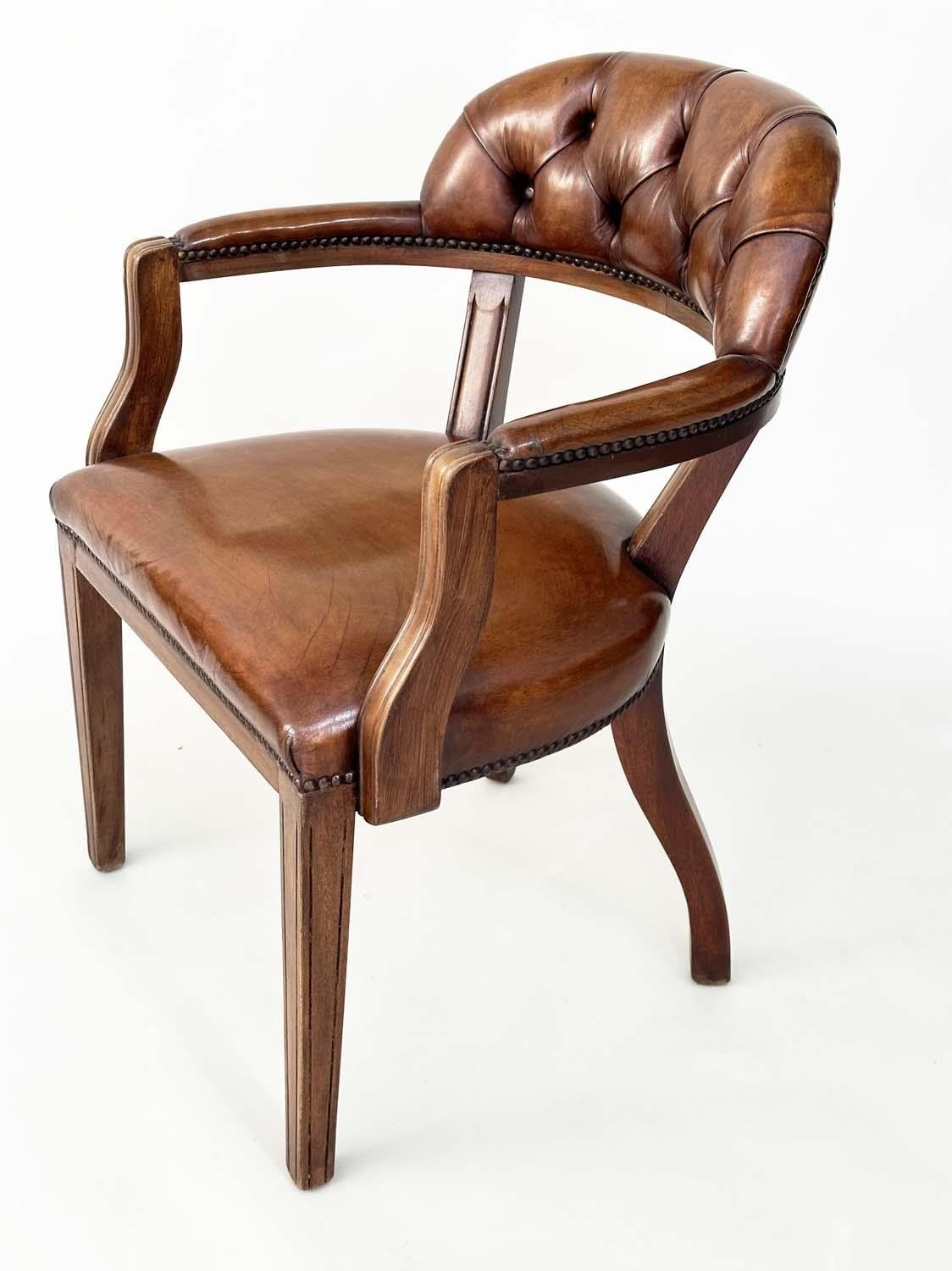 LIBRARY ARMCHAIRS, a pair, Georgian design antique studded and buttoned soft tan brown leather - Image 7 of 8