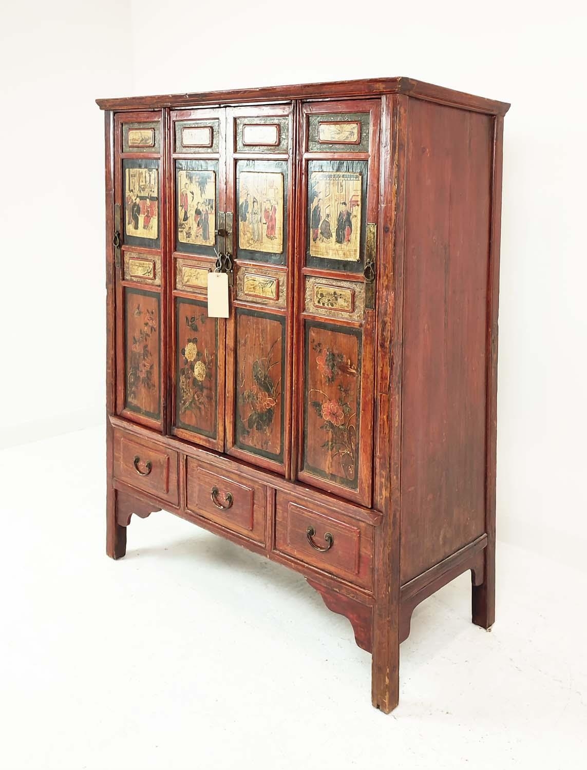 CHINESE WEDDING CABINET, in a decorative red lacquer finish depicting figural scenes and floral - Image 2 of 9