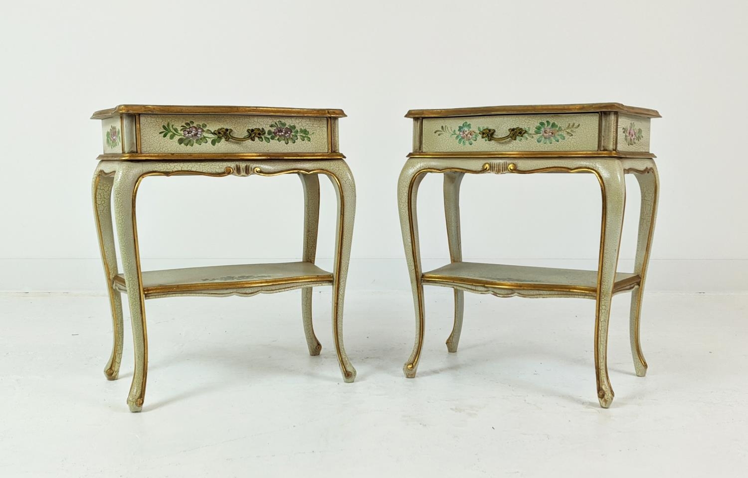 SERPENTINE BEDSIDE TABLES, Italianate craquelure, floral painted and gilt heightened, each with - Image 2 of 7