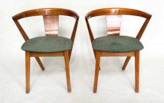 GREAVES AND THOMAS ARMCHAIRS, a pair, and 20th century teak with angular supports and bow backs with