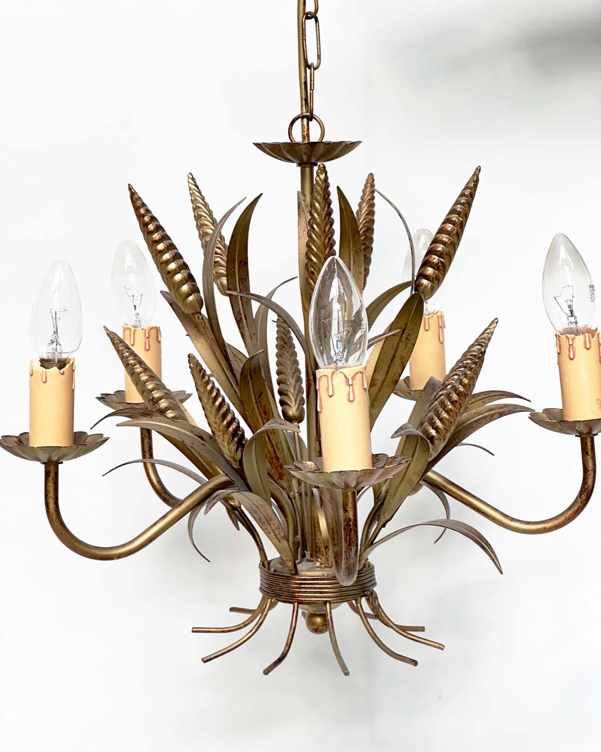 CHANDELIER, mid 20th century five branch gilt metal toleware leaf form with corn ears, 61cm H - Image 6 of 6