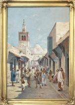 AFTER EUGENE LOUIS CHARVOT, 'Rue El-Alfouine, Marrakesh', oil on canvas, 51cm x 34cm, indistinctly