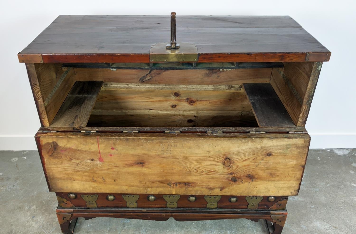 CHEST, 19th century Korean firwood and brass mounted with fall front enclosing four drawers, 99cm - Image 7 of 15