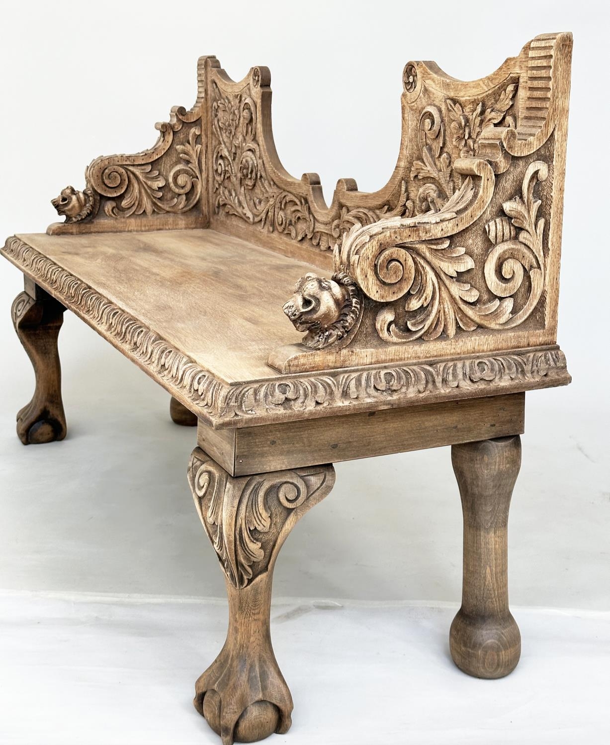 HALL SEAT, 19th century oak with carved back and arms and cabriole supports, 85cm H x 143cm W x 49cm - Image 9 of 9