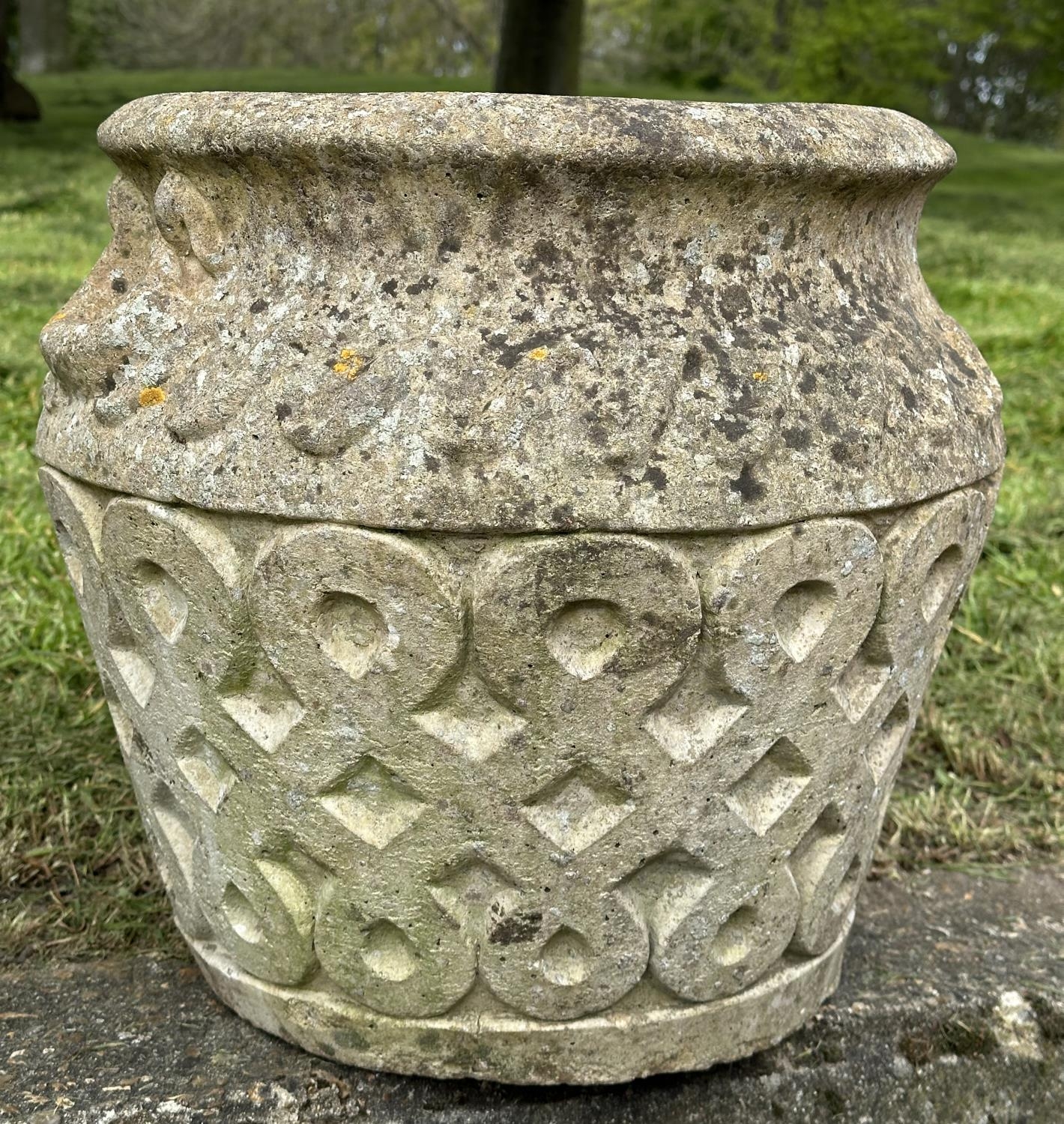 GARDEN PLANTERS, a pair, well weathered reconstituted stone studio pots of urn form, 39cm H x 42cm - Image 6 of 8