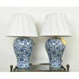 LAUREN RALPH LAUREN HOME TABLE LAMPS, a pair, blue and white ceramic, with shades, 69cm H approx. (