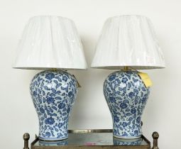 LAUREN RALPH LAUREN HOME TABLE LAMPS, a pair, blue and white ceramic, with shades, 69cm H approx. (