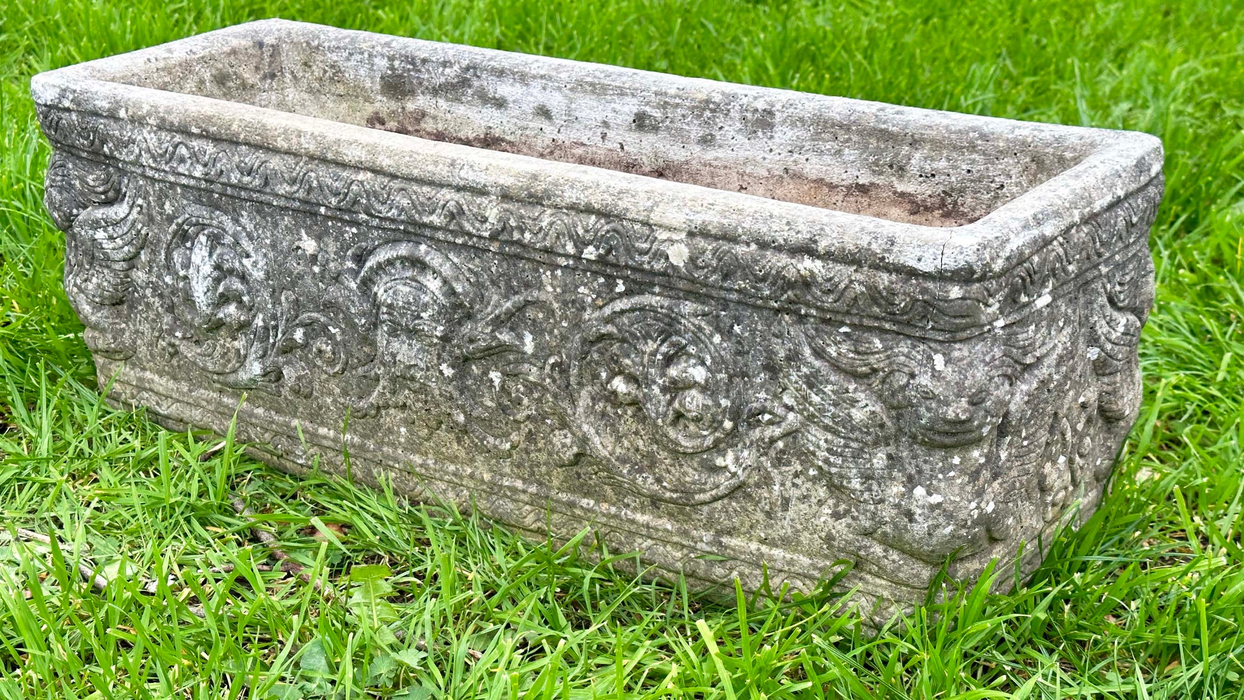 WINDOW BOX PLANTER, well weathered reconstituted stone rectangular with neo classical decoration, - Image 9 of 9