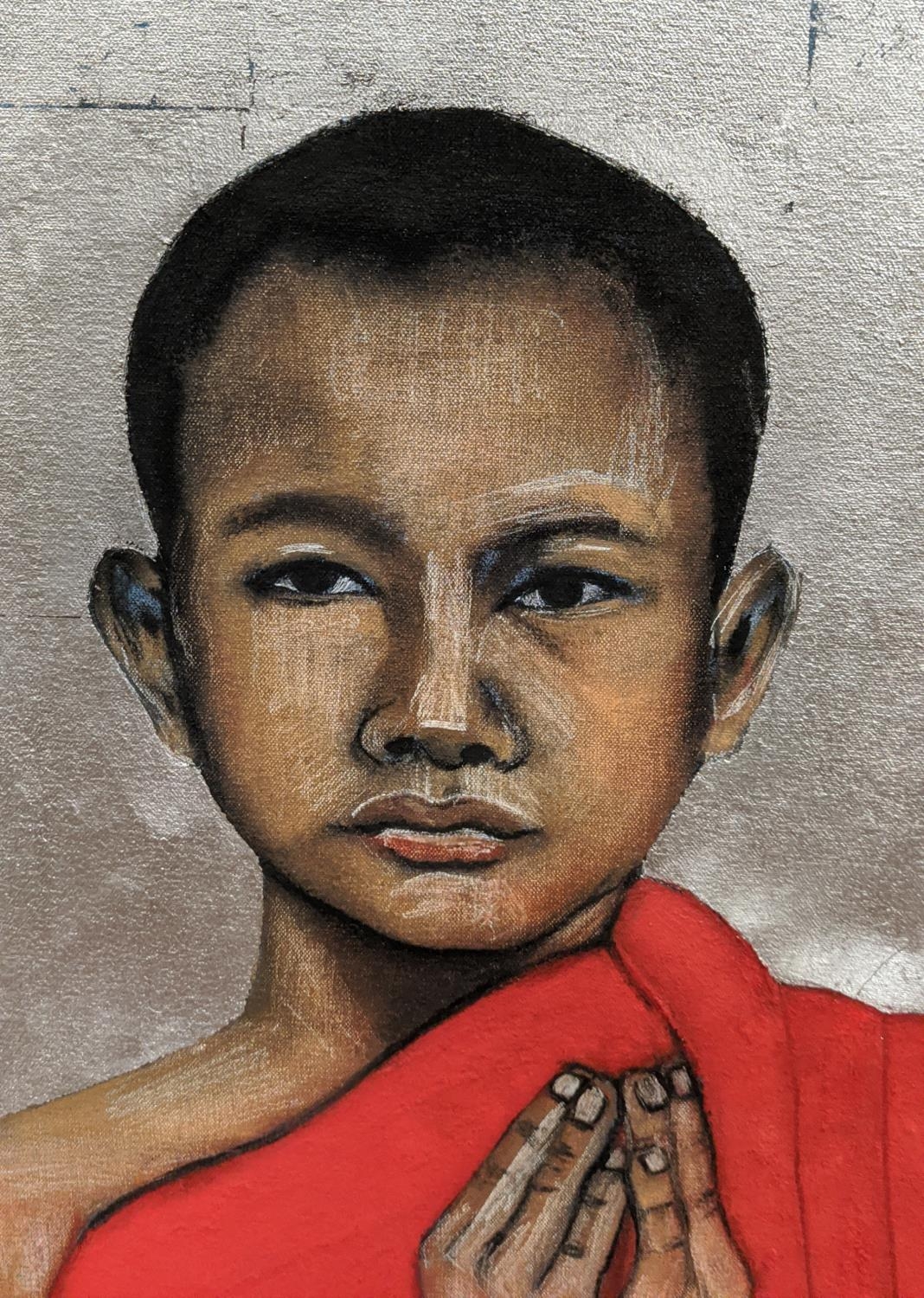 SUSAN JAYNE HOCKING (British 1952), 'Tibetan boy monk', metal leaf and pigment on canvas, 92cm x - Image 2 of 4