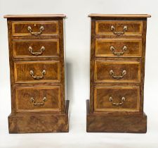 BEDSIDE CHESTS, a pair, George III style burr walnut and crossbanded each with four drawers, 40cm