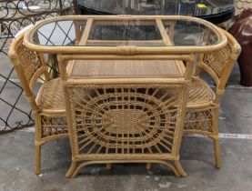 TERRACE SET, wicker table with glass top, 80cm H x 100cm x 55cm and a pair of matching chairs. (3)