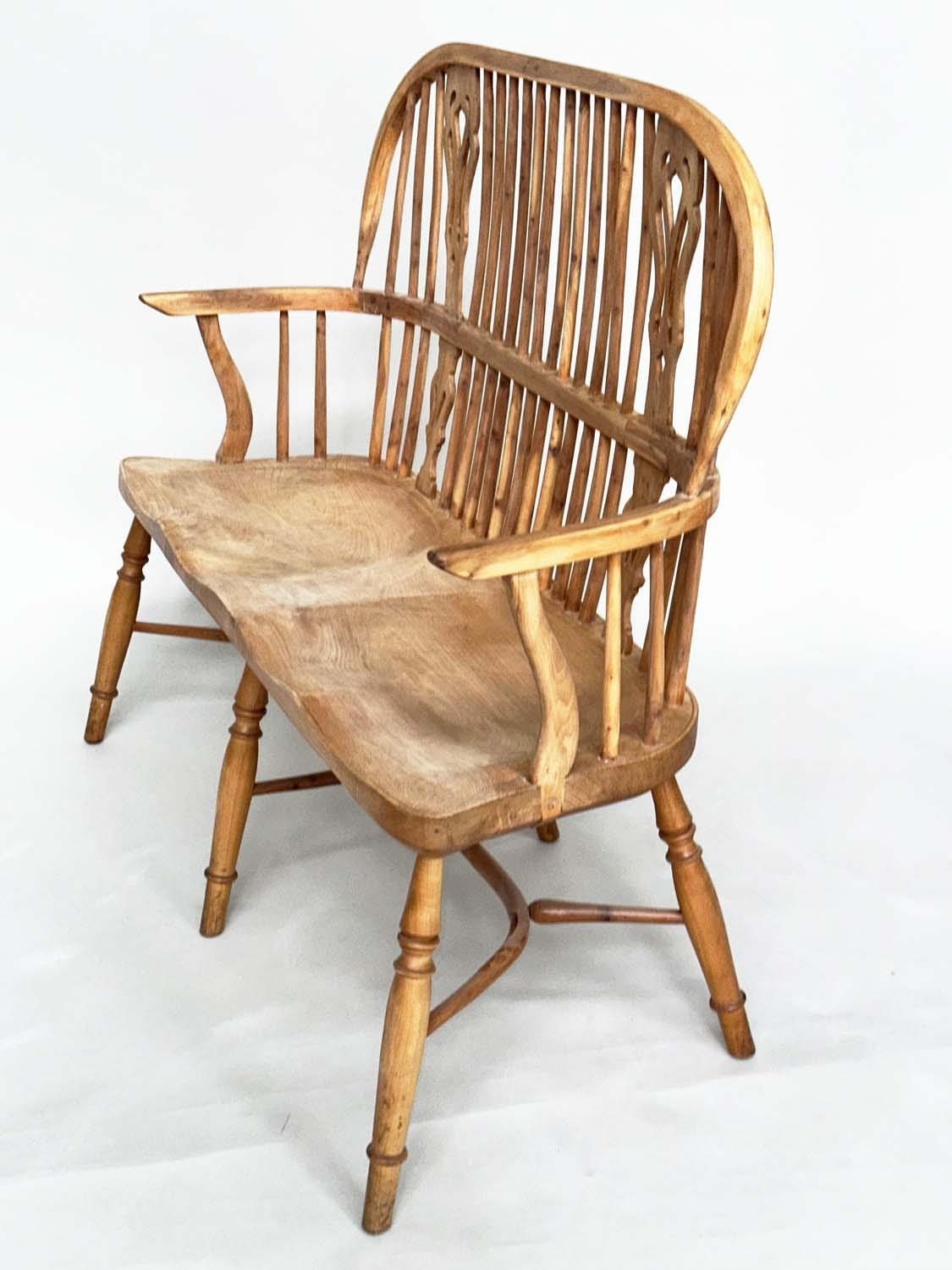 HALL SEAT, antique style English yewwood and elm, with twin pierced splat hoop back and carved - Image 4 of 6