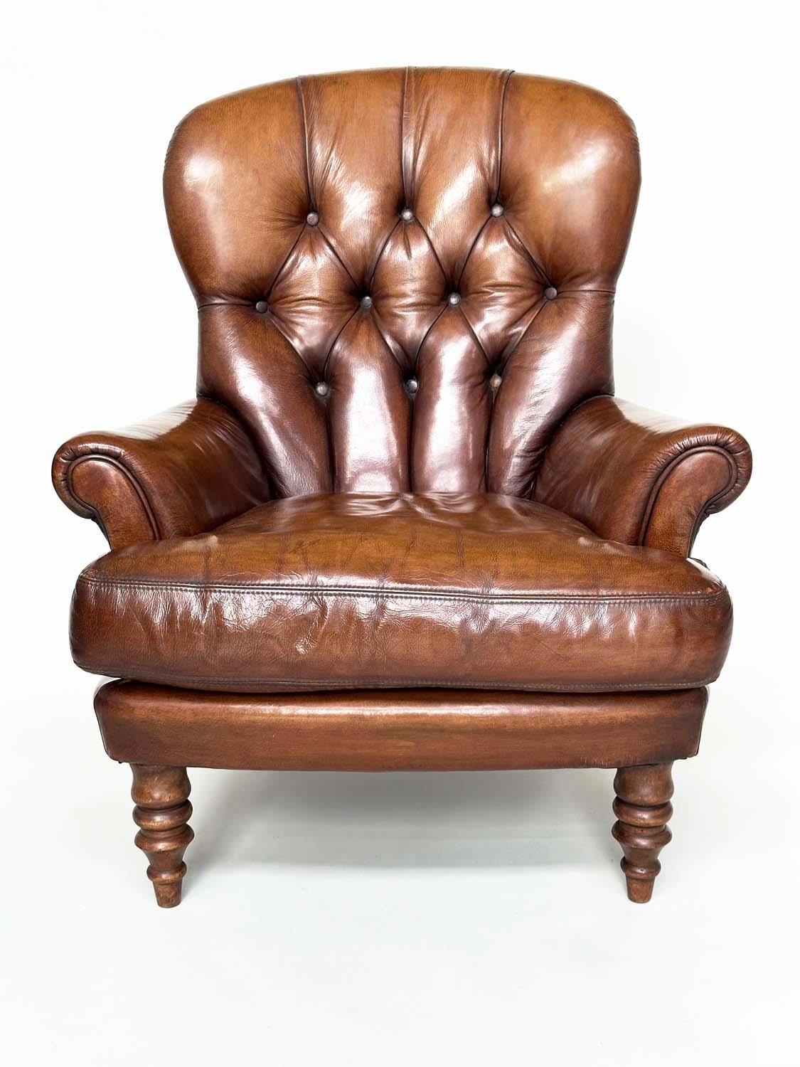 LIBRARY ARMCHAIR, Georgian design with deep buttoned soft natural tan brown leather upholstery and - Image 2 of 7