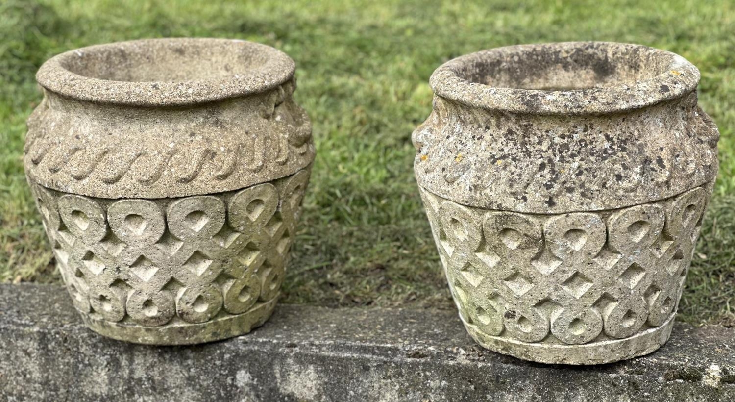 GARDEN PLANTERS, a pair, well weathered reconstituted stone studio pots of urn form, 39cm H x 42cm - Image 3 of 8