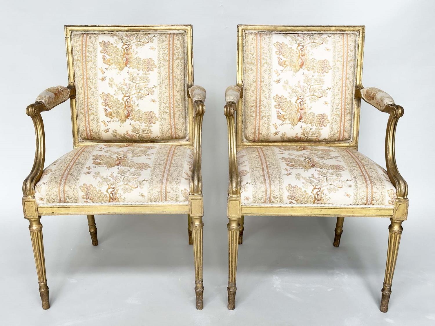 FAUTEUILS, a pair, 19th century giltwood each with down swept arms and carved fluted supports,