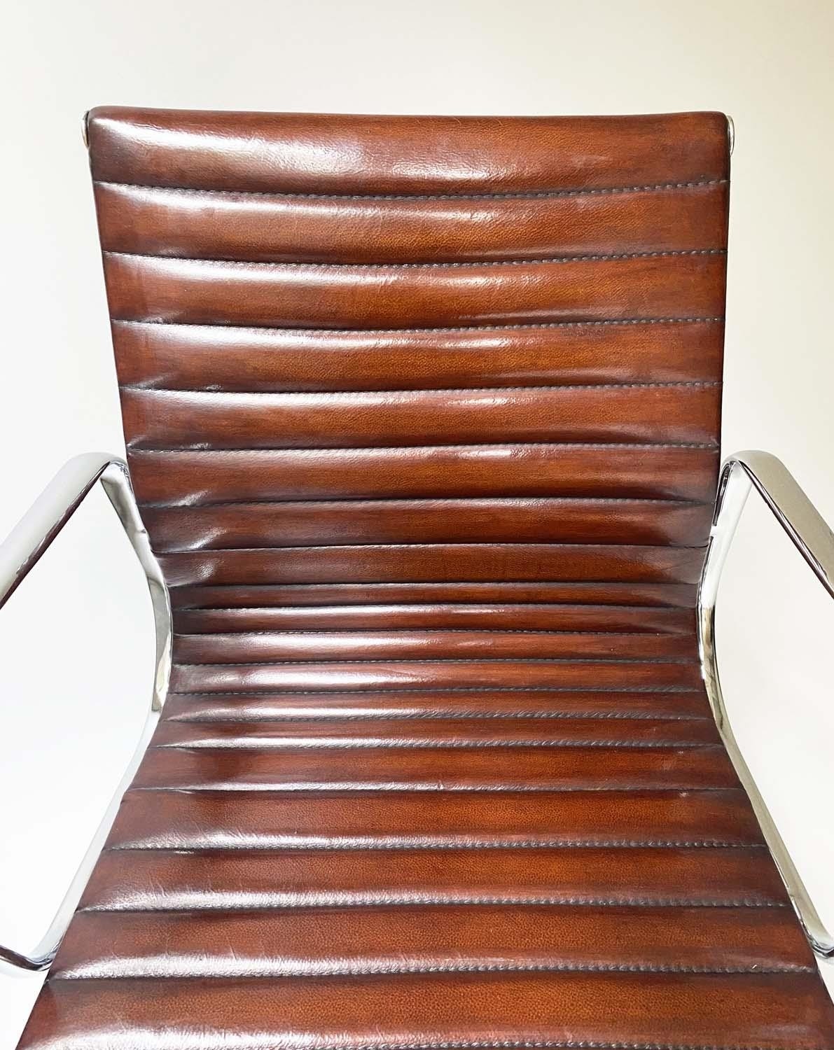 REVOLVING DESK CHAIR, Charles and Ray Eames inspired with ribbed hand finished mid brown natural - Image 8 of 11