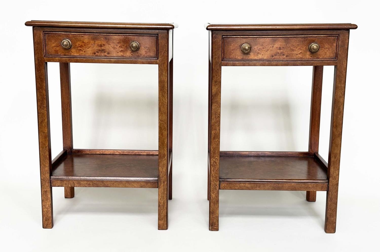 LAMP TABLES, a pair, George III design burr walnut and crossbanded each with drawer and undertier, - Image 2 of 9