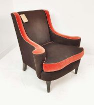 WILLIAM YEOWARD ARMCHAIR, with outswept arms and contrasting brown and russet upholstery, 87cm x