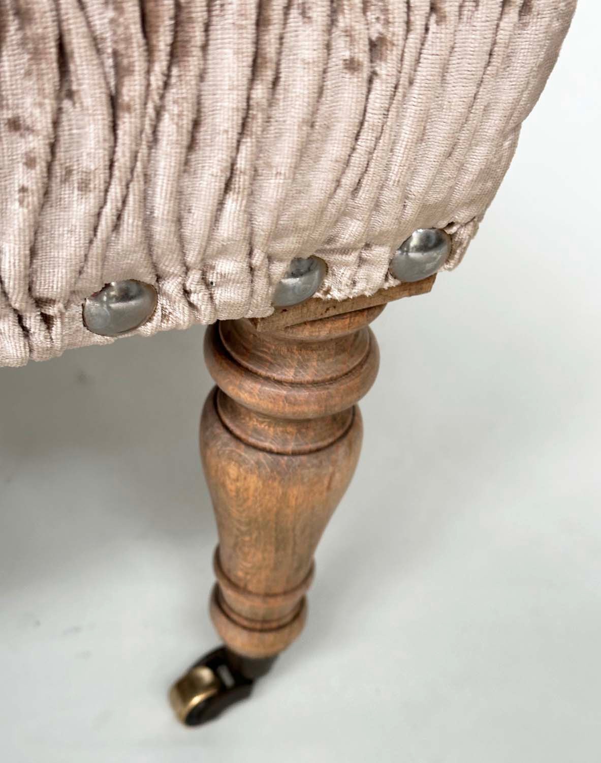 HEARTH STOOL, period style coffee corded brass studded velvet, with limed oak turned supports, 102cm - Image 6 of 7