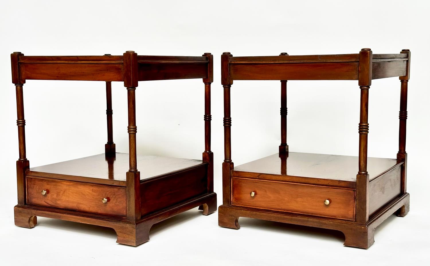 LAMP TABLES, a pair, George III design yewwood, each with brushing slide, two tiers and drawer, 56cm - Image 9 of 9