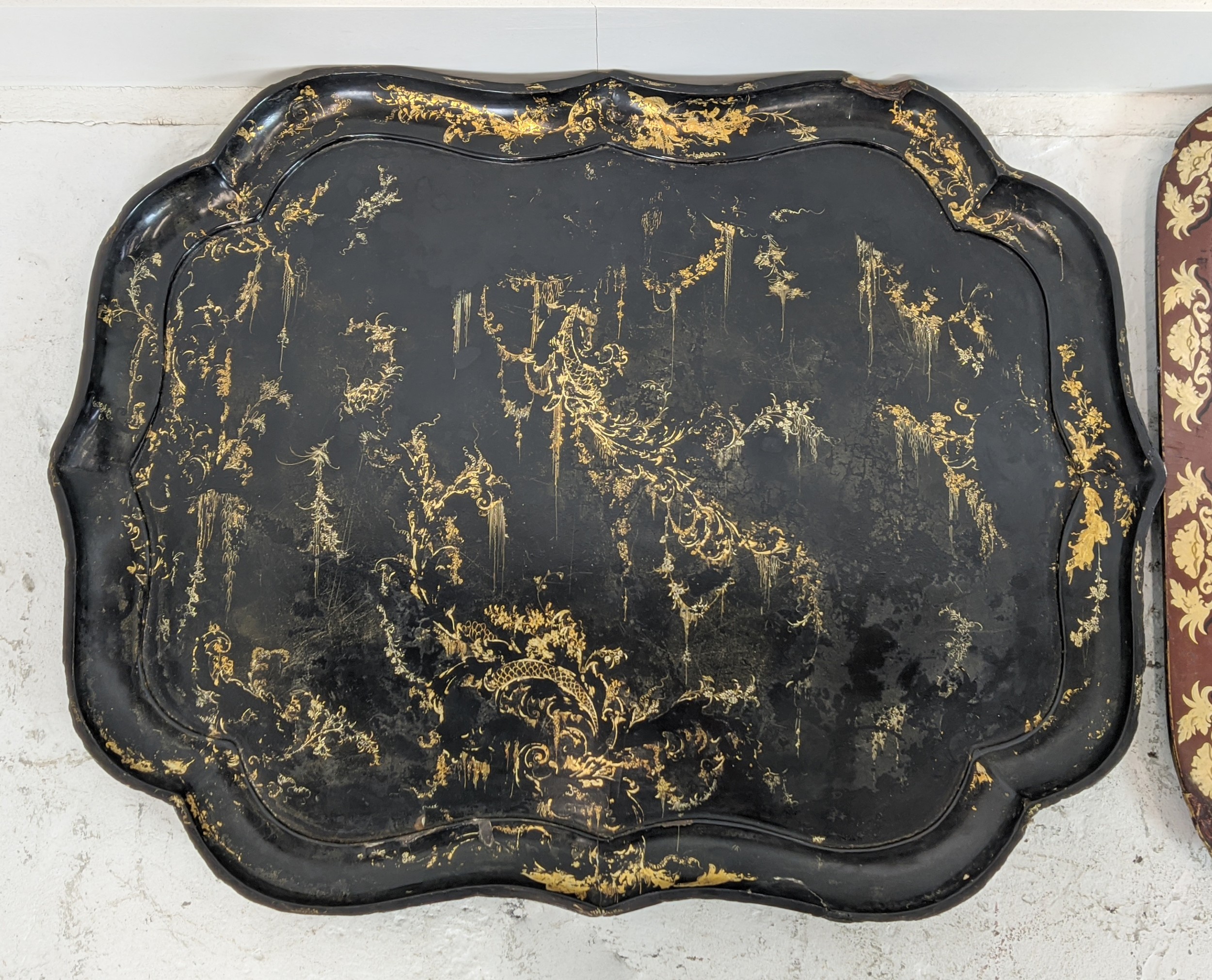 TRAY, Regency papier mache with scalloped border stamped Clay, 'King Street', Covent Garden, 80cm - Image 3 of 12