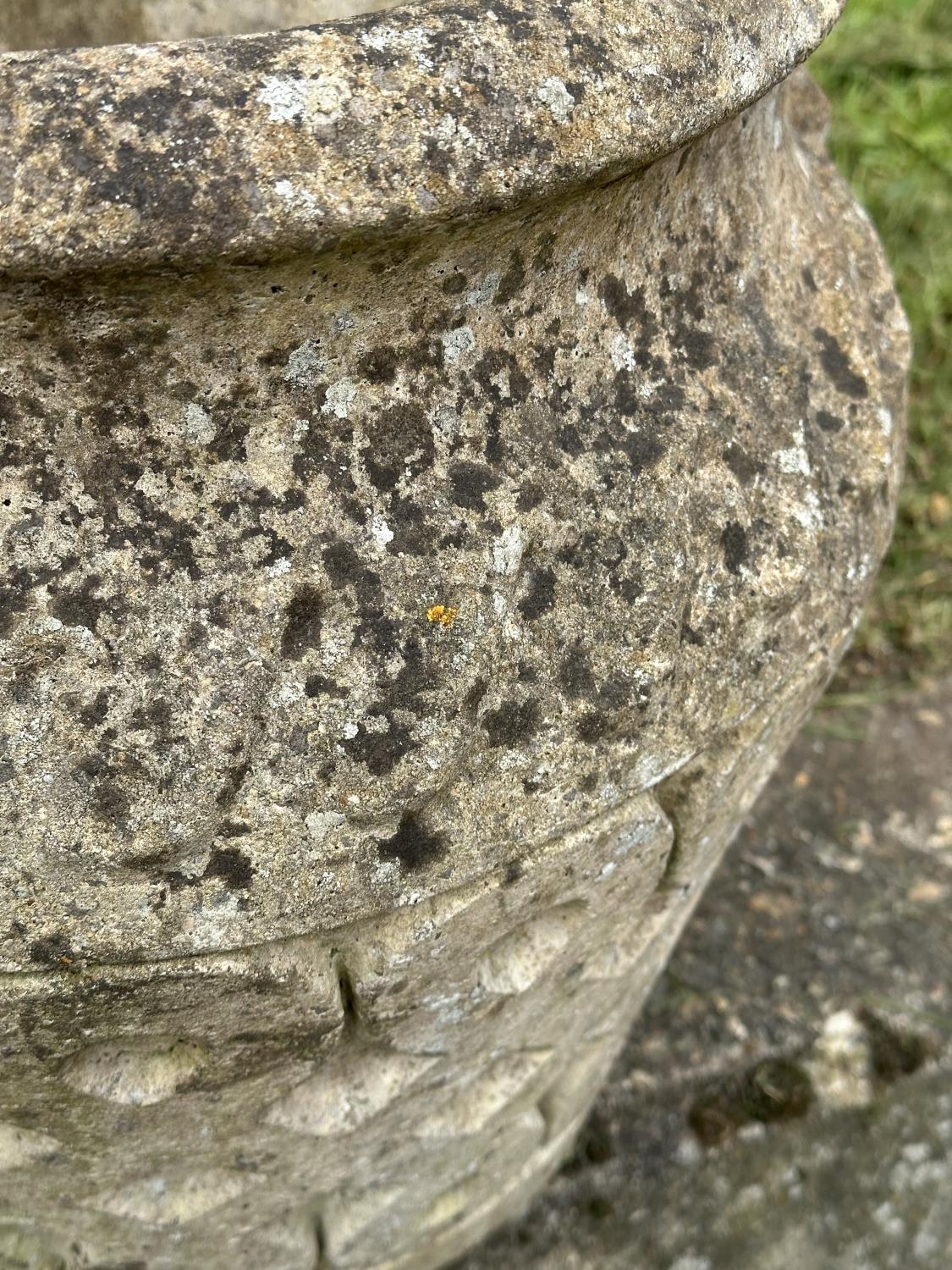 GARDEN PLANTERS, a pair, well weathered reconstituted stone studio pots of urn form, 39cm H x 42cm - Image 4 of 8