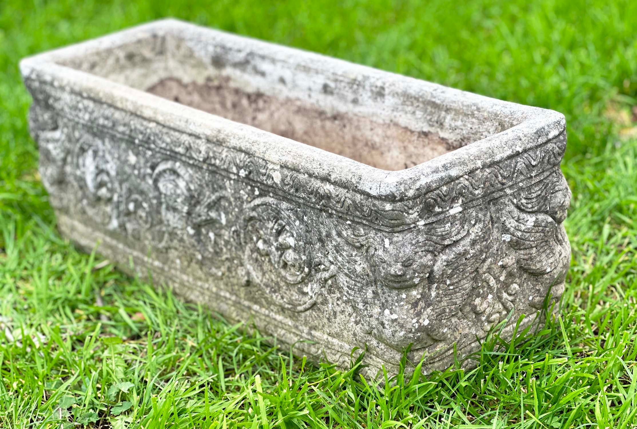 WINDOW BOX PLANTER, well weathered reconstituted stone rectangular with neo classical decoration, - Image 7 of 9