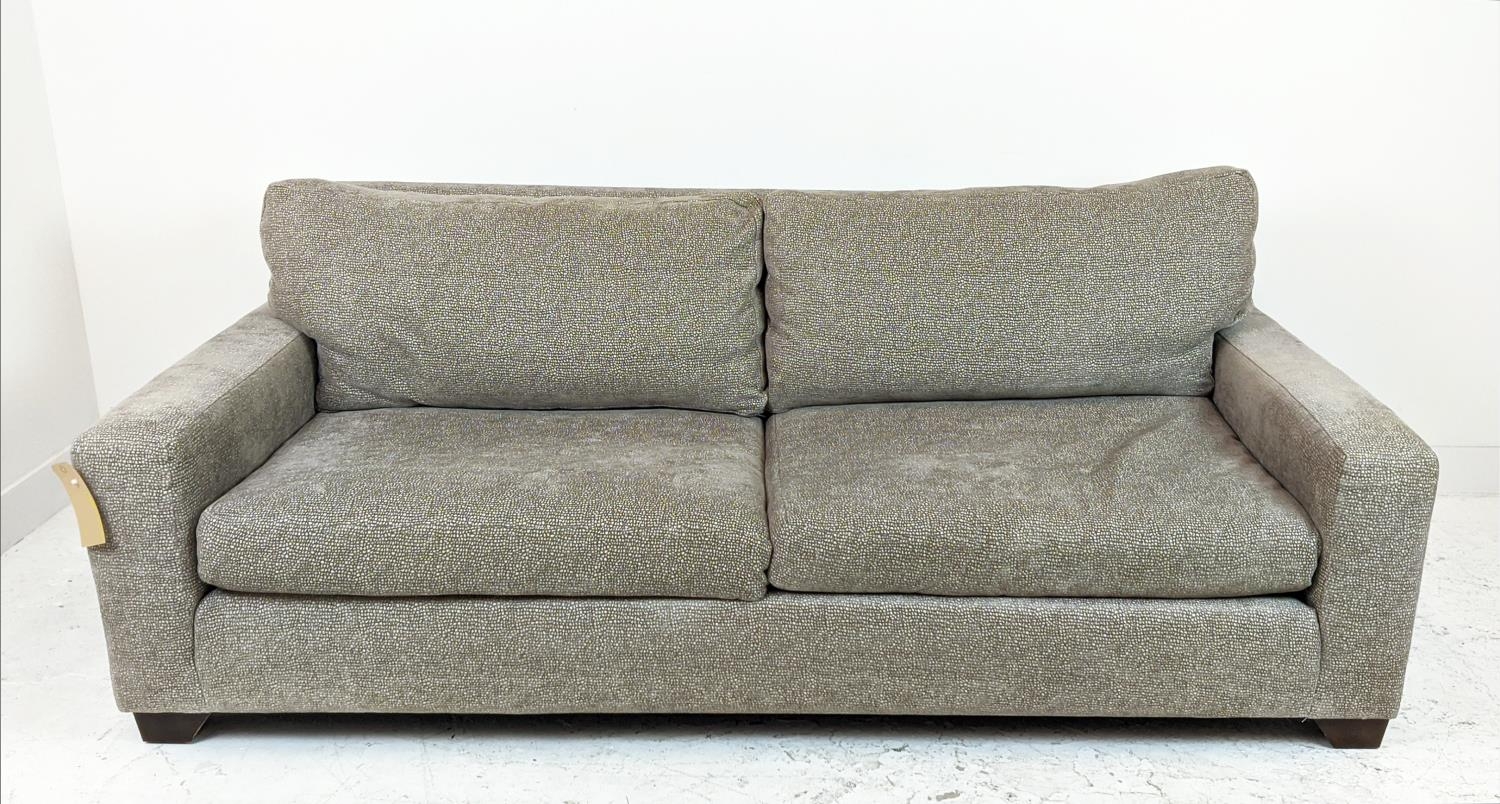 KINGCOME TEXAS SOFA, two seater, in patterned light brown upholstery, 207cm W x 76cm H x 96cm D.