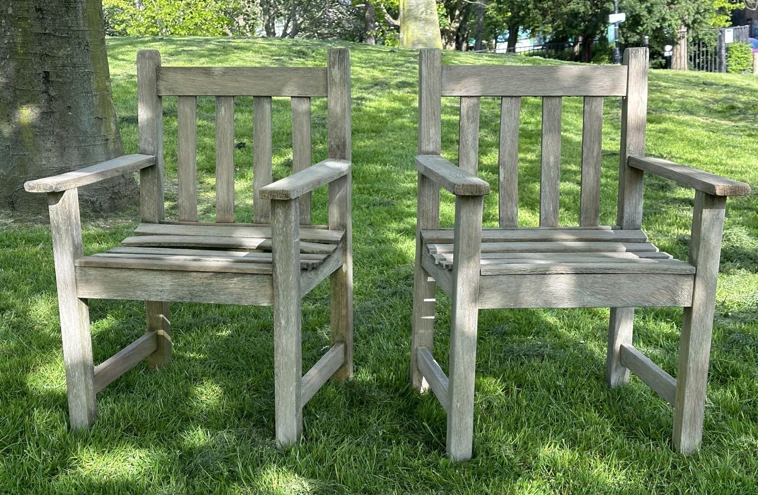 GARDEN ARMCHAIRS, a pair, silvery weathered teak and slatted with flat top arms, 86cm H x 50cm W x - Image 2 of 8