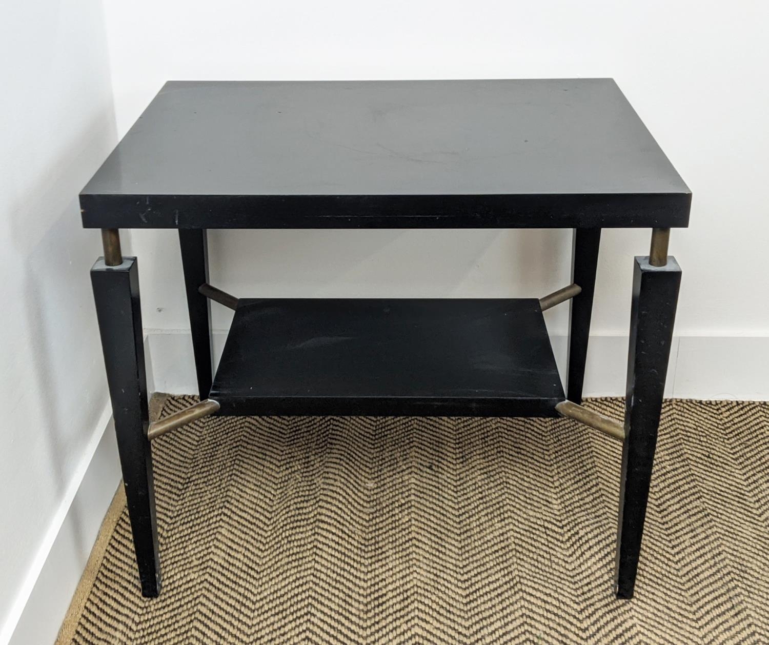 SIDE TABLE, reputedly by Paulo Moschino, 65cm W x 50cm D in an ebonised finish.