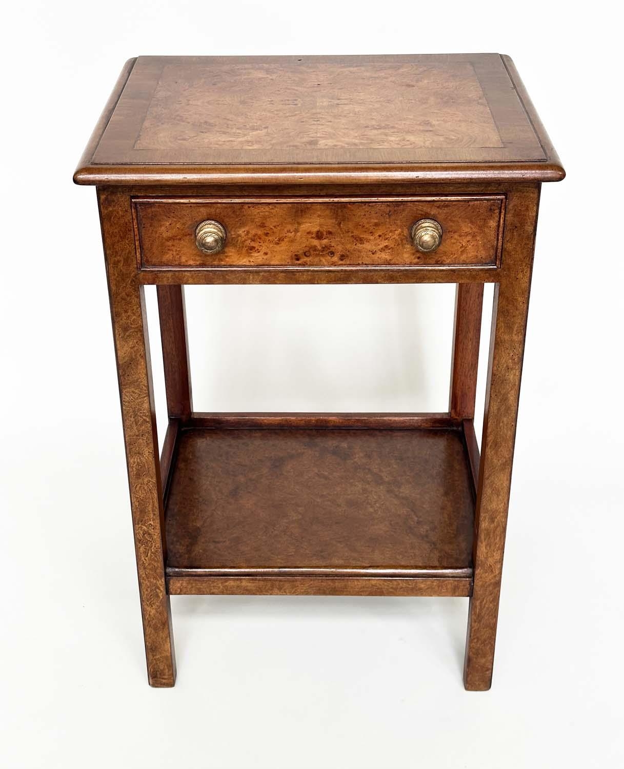 LAMP TABLES, a pair, George III design burr walnut and crossbanded each with drawer and undertier, - Image 6 of 9