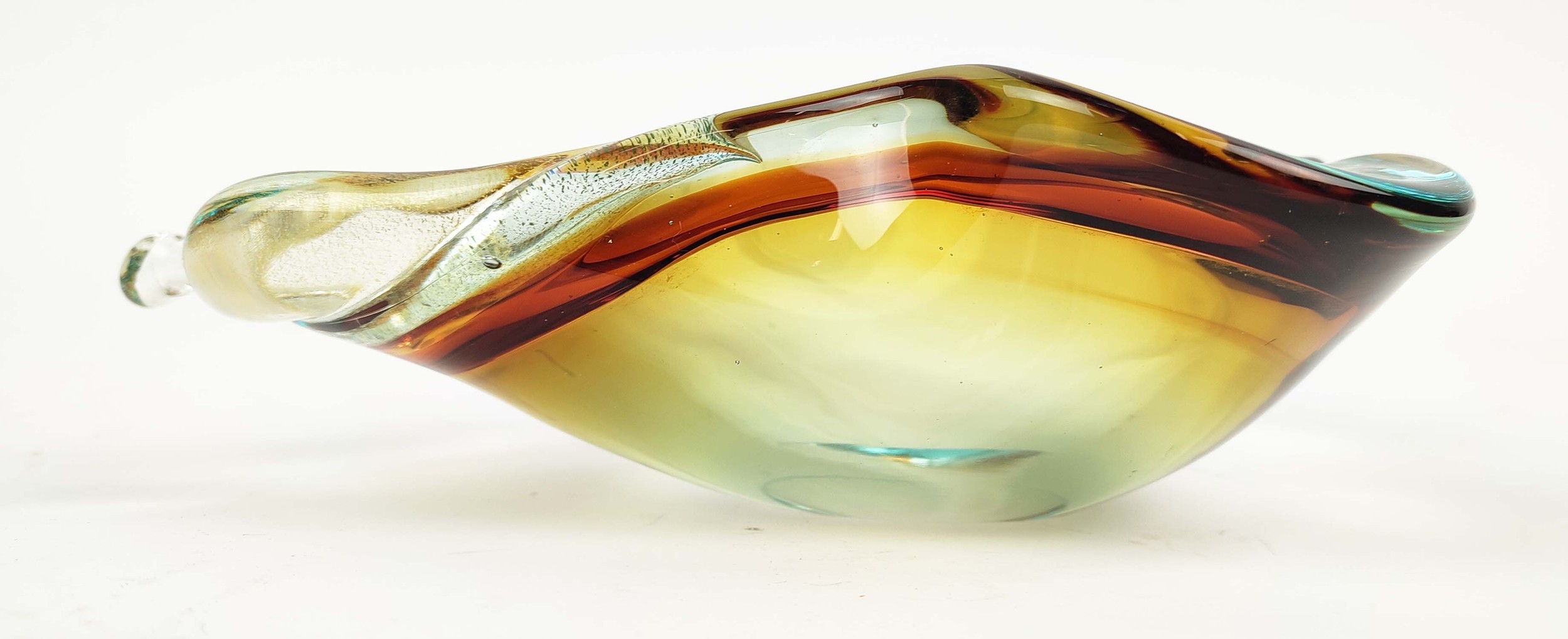 A MURANO GLASS BOWL, in the form of a pear, in amber and teal colourway, polished base, probably - Image 5 of 5